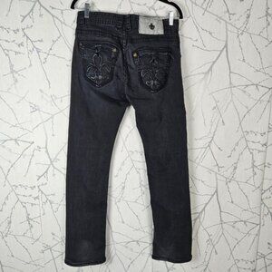 Laguna Beach Black Wash Stretch Denim Fleur De Lis Straight Leg Jeans